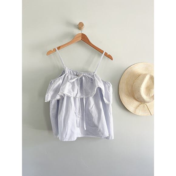 Johnathan Simkhai | Stripe Off the Shoulder Pom Pom Top | Blue White | S - Picture 2 of 11